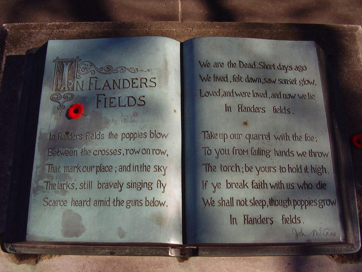 John McCrae Memorial "book" close-up. McCrae House, Guelph, Ontario, Canada. Source: Wikipedia.