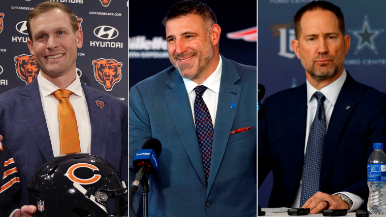 A composite trio of Ben Johnson, Mike Vrabel, and Brian Schottenheimer at, one presumes, their press conferences as new head coaches. Source: Sporting News.