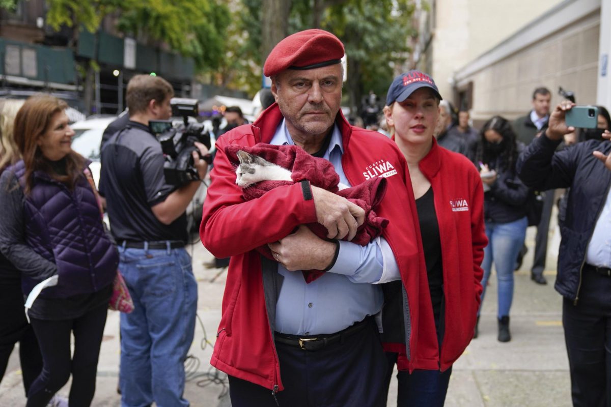 Republican mayoral nominee Curtis Sliwa, pictured here voting with one of his 15 cats in 2021, is pitching himself as the ‘no drama’ alternative in the general election. | 